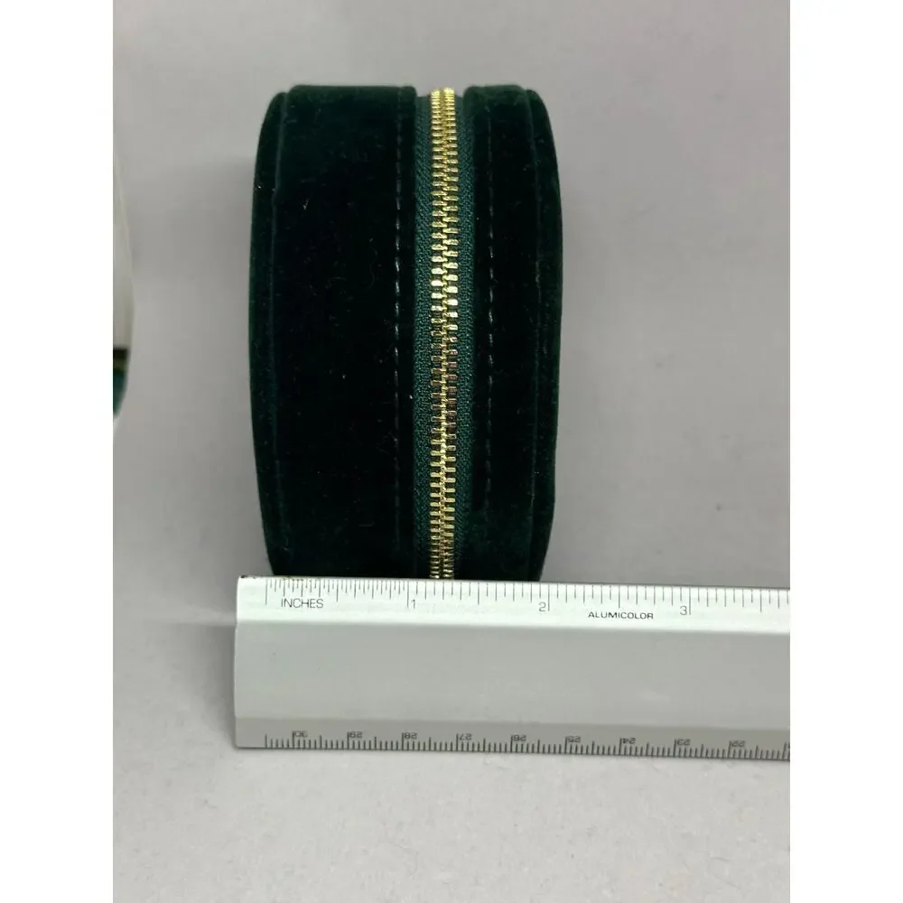 Sezane Assessories Zipped Round Jewelry Box Green Velvet Travel Bag Case - Picture 9 of 9